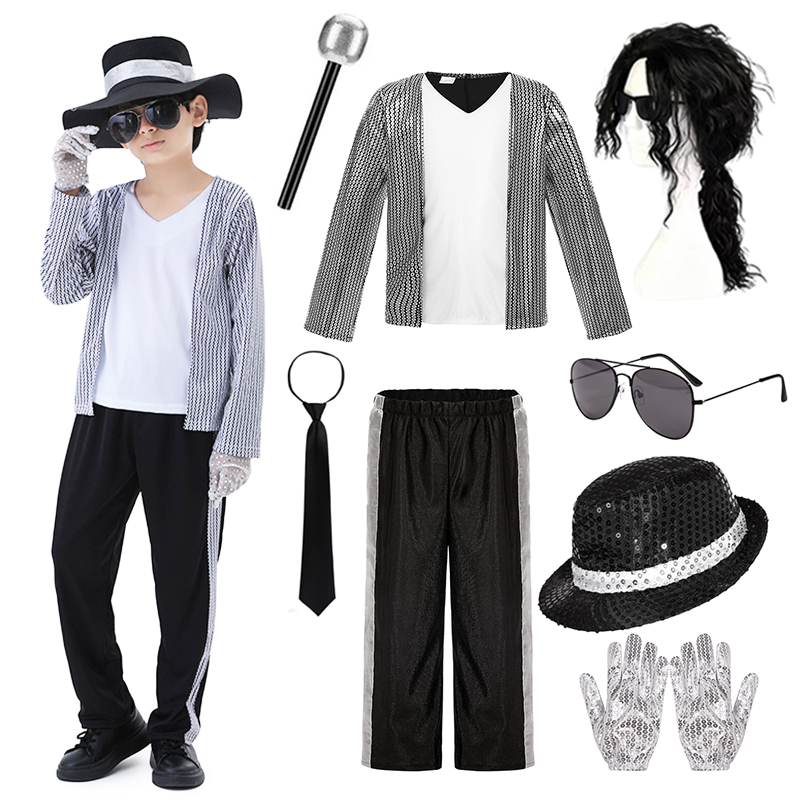 Set di costumi cosplay con paillettes argento ispirato a Michael Jackson per ragazzi, accessori completi per giochi di ruolo per feste di compleanno di Halloween