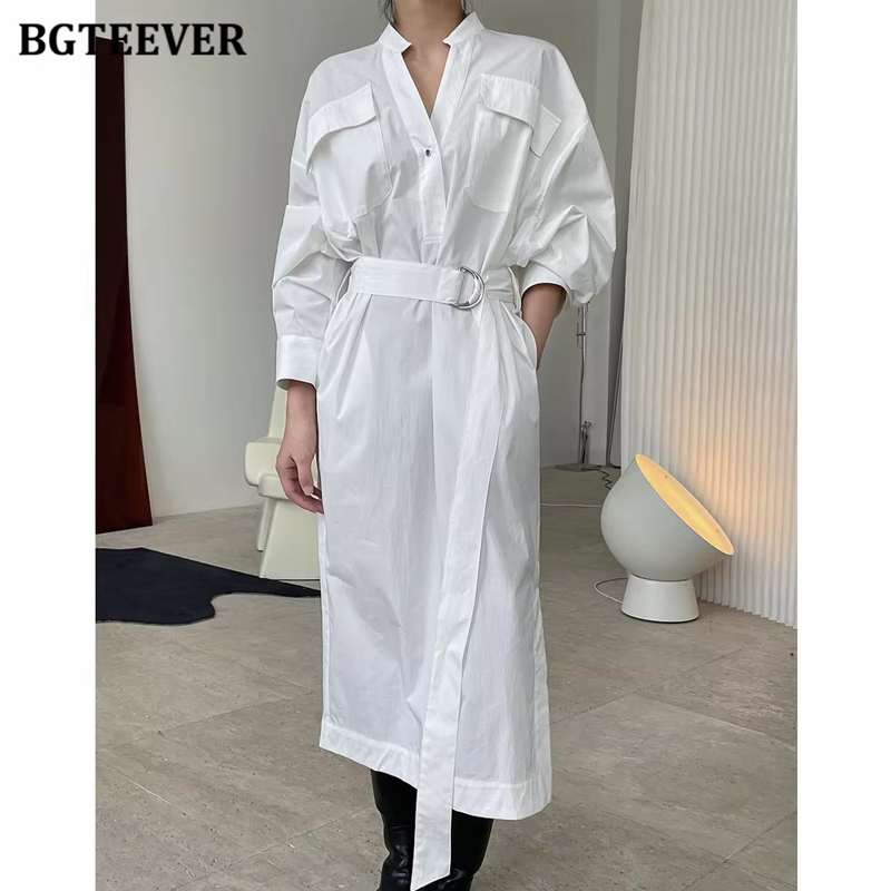 BGTEEVER Autumn Stand Collar White Shirt Dress Women Long Sleeve Pockets Belted Elegant Side Split Midi Dress Female