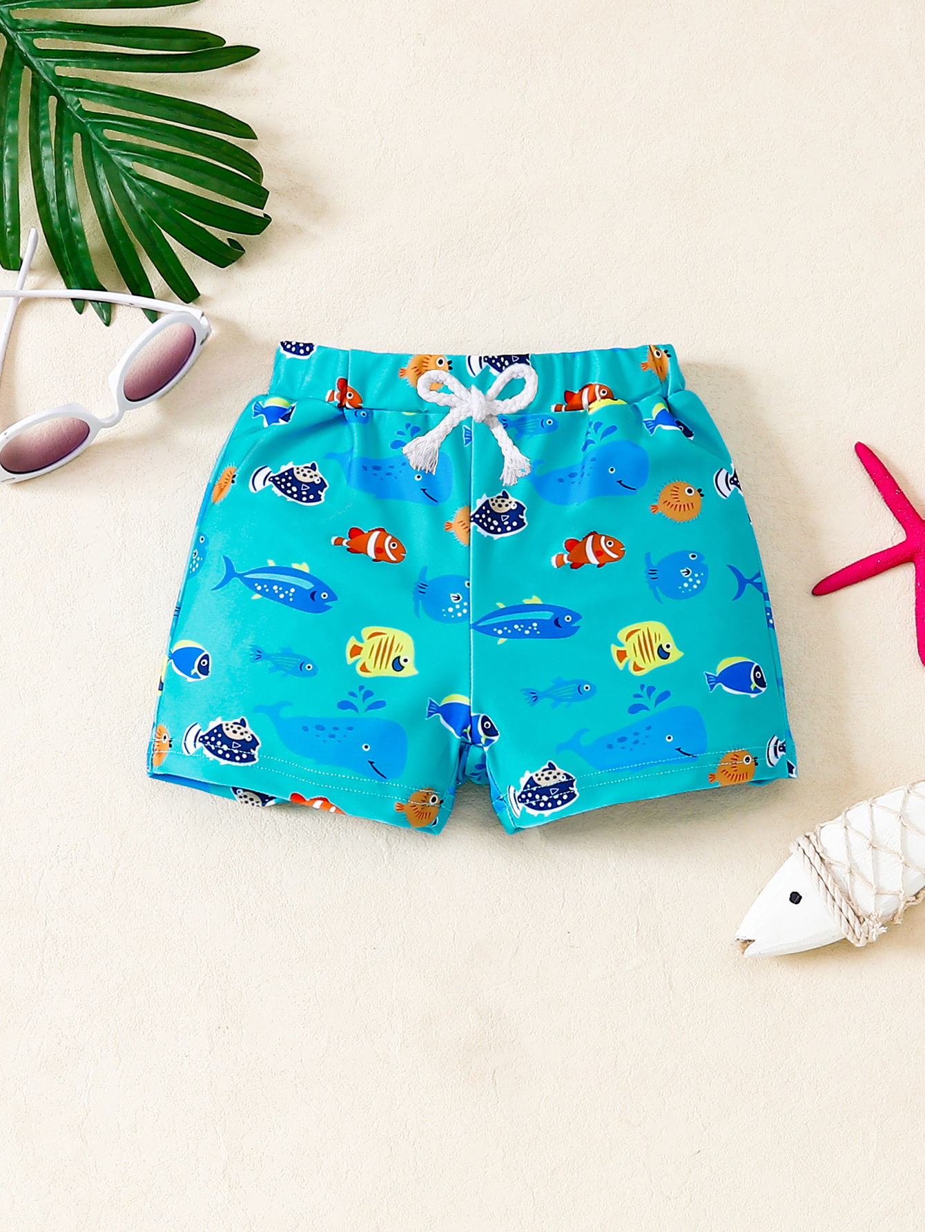 Trajes de Baño para Niños Pequeños de 12 Meses a 5 Años, Estampado Colorido de Criaturas Oceánicas, Secado Rápido, Cintura Elástica Cómoda, Shorts de Baño para Piscina y Playa