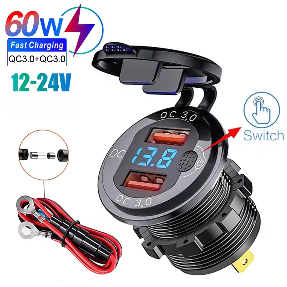 듀얼 Qc3.0 차량용 충전기 담배 라이터 소켓 전압계 스위치가있는 방수 Usb 고속 충전 12/24V 빠른 충전 어댑터