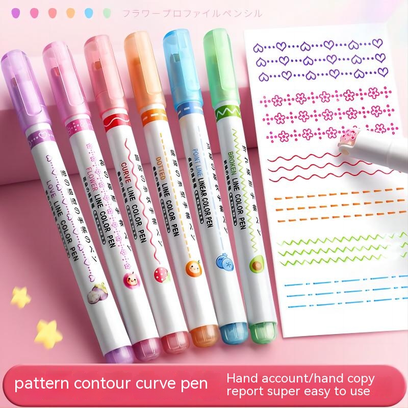 Kawaii Flowers Line Shaped Textmarker, Rollenspitze, Curve Liner, Marker zum Schreiben, Journaling, Zeichenpapier, 6-teiliges Set