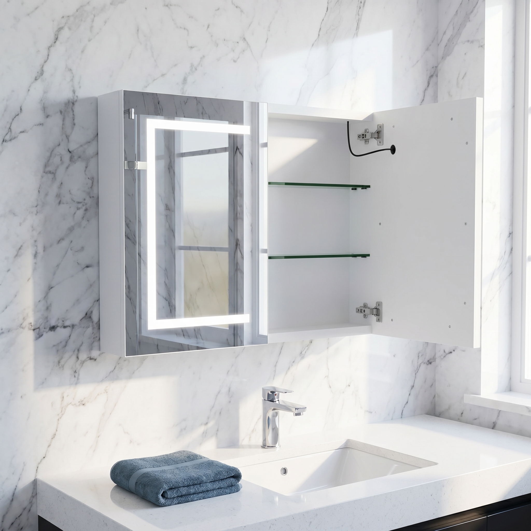 Superaly Armario con Espejo para Baño, con Luz LED, 80×13.5×60 cm, Armario con Espejo de Doble Puerta para Baño, 3 Temperaturas de Color y Regulable, para Baño, Dormitorio, Blanco