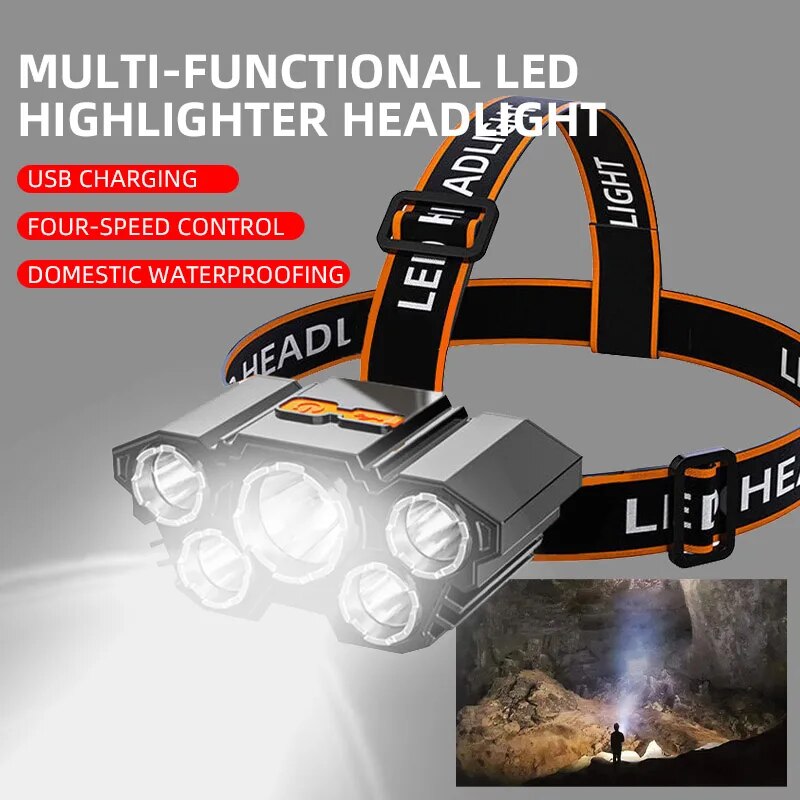 LED-starkes Licht, fünfköpfiges, wasserdichtes Angellicht für den Außenbereich, USB wiederaufladbar, ultrahelle, am Kopf montierte Taschenlampe