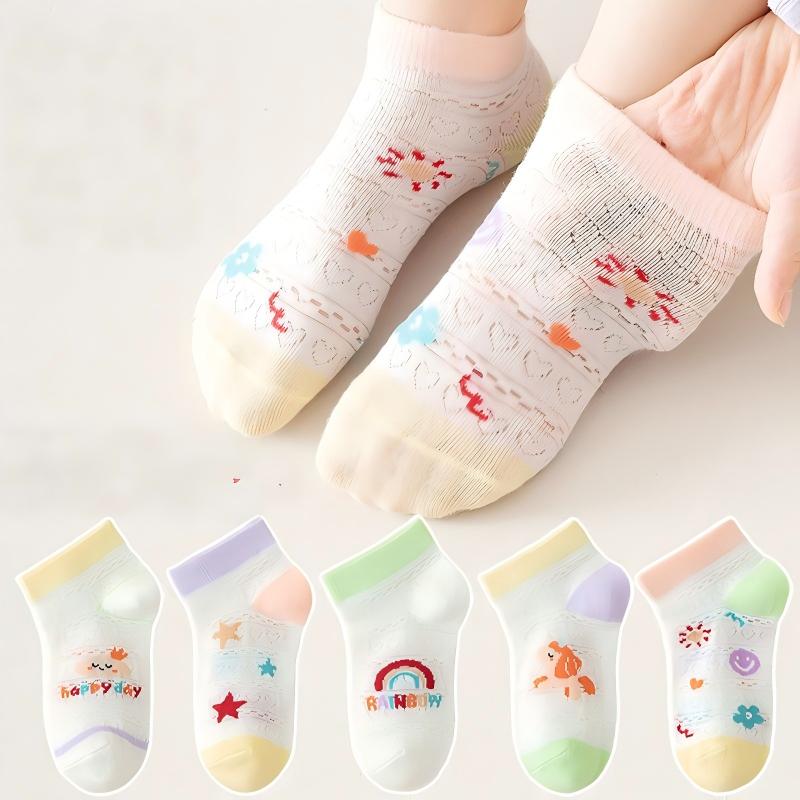 5 Pairs Children's Socks,Mesh Ankle Socks Breathable Thin Summer Short Socks，Cute Cartoon ，Soft Elastic Daily Casual Socks