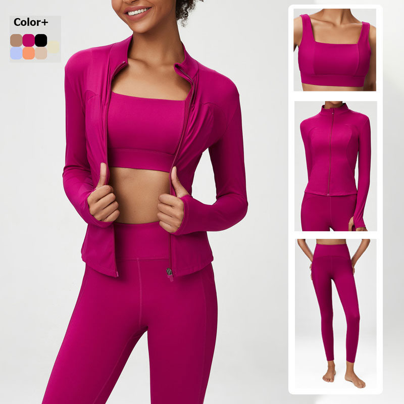 Ensemble de Yoga et Fitness pour femmes, couleur unie, extensible, costume athlétique, soutien-gorge Sexy, veste à fermeture éclair, Leggings taille haute, vêtements de sport féminins, 2/3 pièces