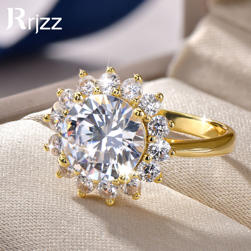 Anel de Flor de Sol Rrjzz 9MM com Diamante de Laboratório CZ 5A, Anel de Zircônia Cúbica para Mulheres, Presentes de Dia dos Namorados e Aniversário