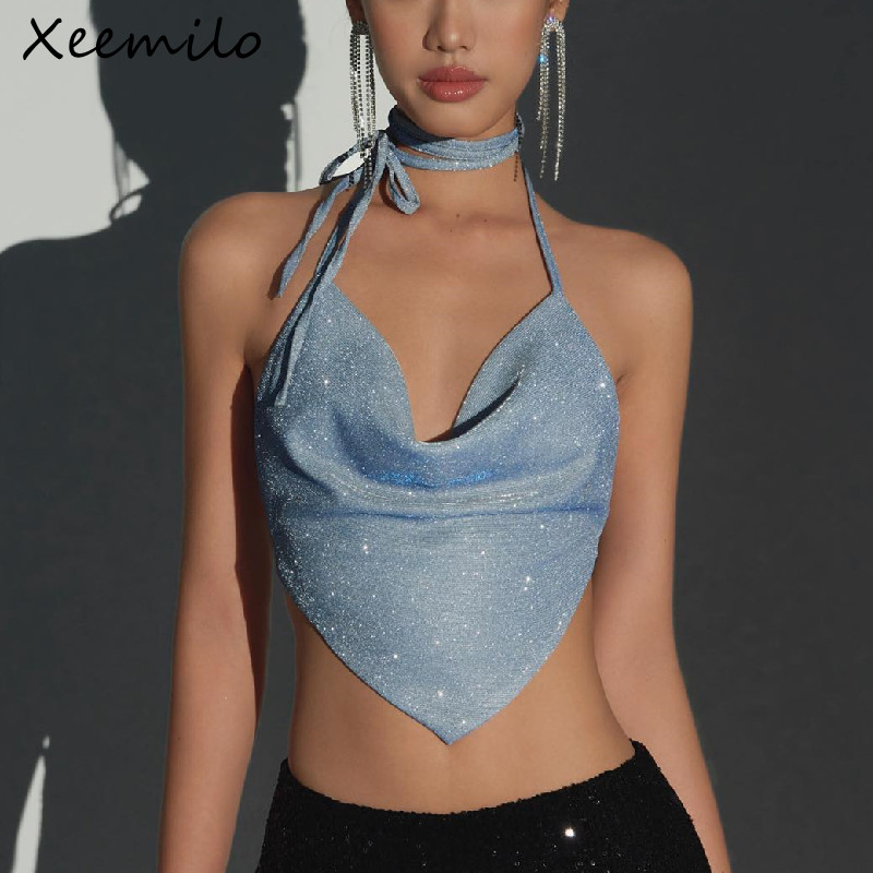 Xeemilo Y2K シャイニーバックレスタンクトップセクシーなディープ V ネック包帯ホルタークロップトップス美的不規則な形状スキニースリム女性キャミソール