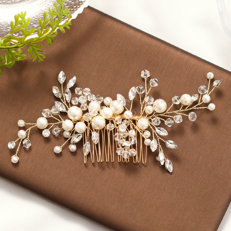 Trendy Gold Pearl Crystal Tiara Wedding Hair Combs Hair Accessories for Bridal Headpiece Women Wedding Hair Jewelry Accessories