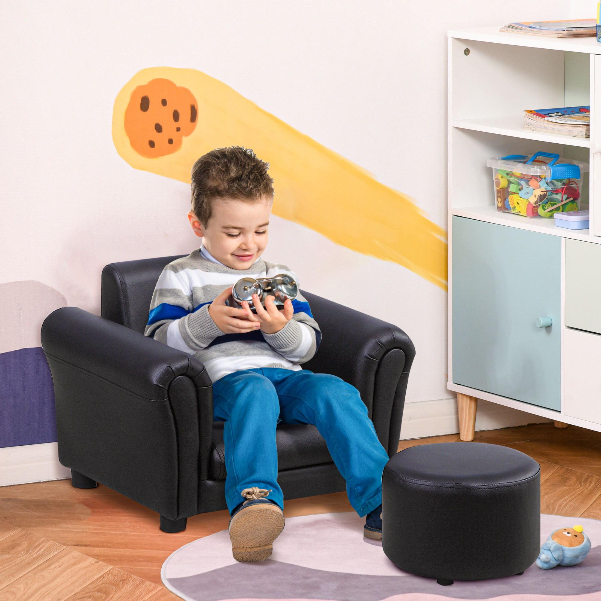 Fotel dziecięcy z podnóżkiem kanapa dziecięca sofa dziecięca mini sofa drewno czarny