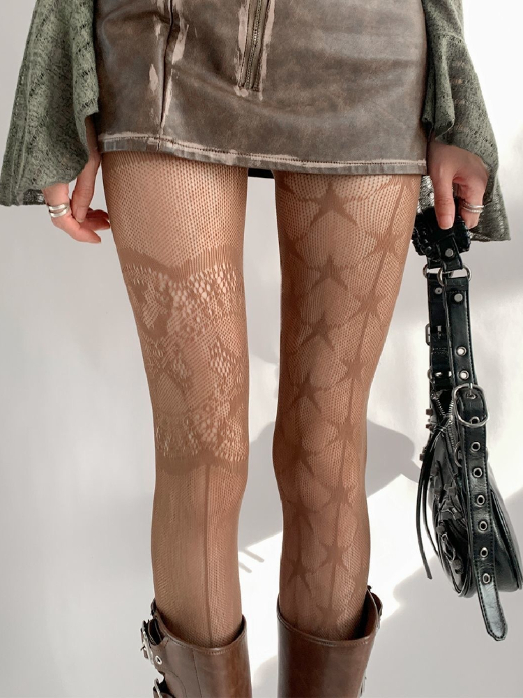New AB Design Coffee Tights Punk Women Sexy Fishnet Stockings Gothic Lolita JK Sweet Lace Five-pointed Star Print Mesh Pantyhose