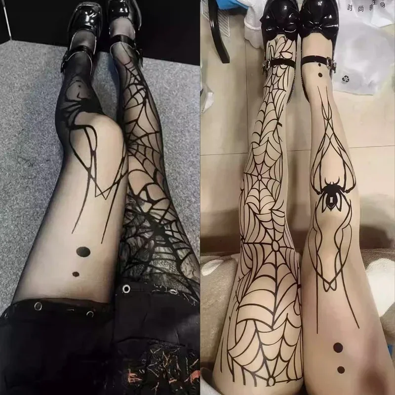 Goth gros araignée motif bas de soie gothique Vintage foncé résille collants femmes Emo Alternative Sexy toile d'araignée sorcière collants