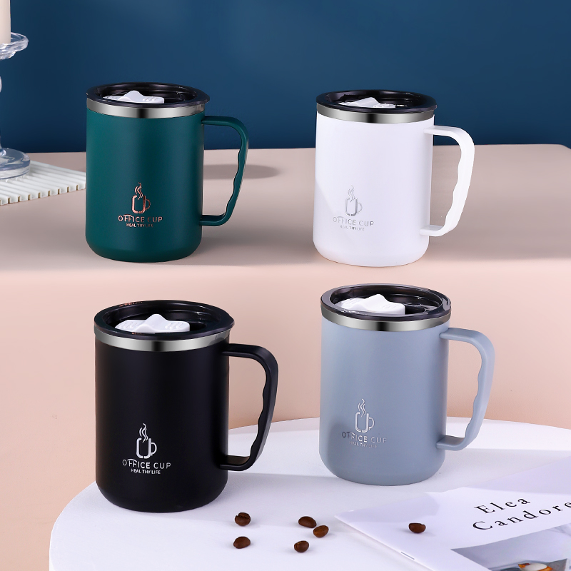 Botella de agua de acero inoxidable 500 de 304 ml/17oz, taza de café de doble capa, taza de leche con tapa y mango de plástico