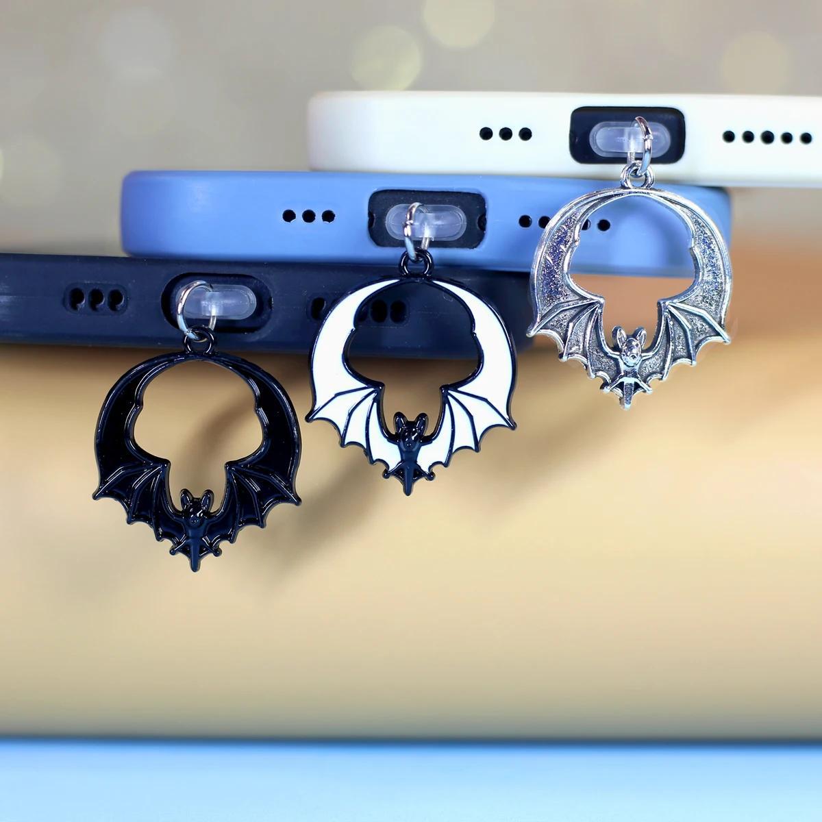 Gotycki Punk Srebrno-Czarny Wampirzy Nietoperz - Zatyczka do Telefonu, Amulet Nietoperz - Zawieszka do Telefonu, Ozdoba na Prezent do Iphone/Interfejsu Type-C, Ręcznie Robiony Dodatek do Telefonu