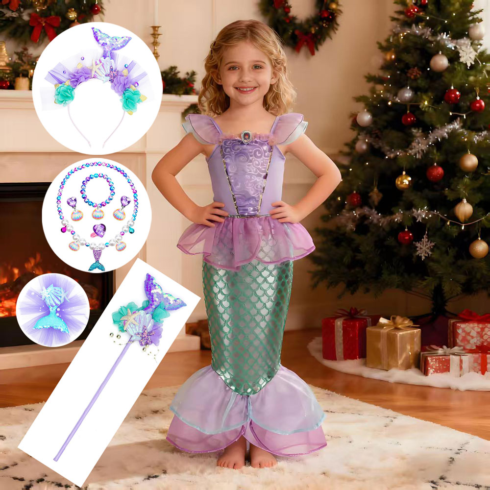 Disney Kid Purple Mermaid Dress Princess Costume Perform Clothes Baby Girl Birthday Party Christmas Cosplay Dress Suit for Girls