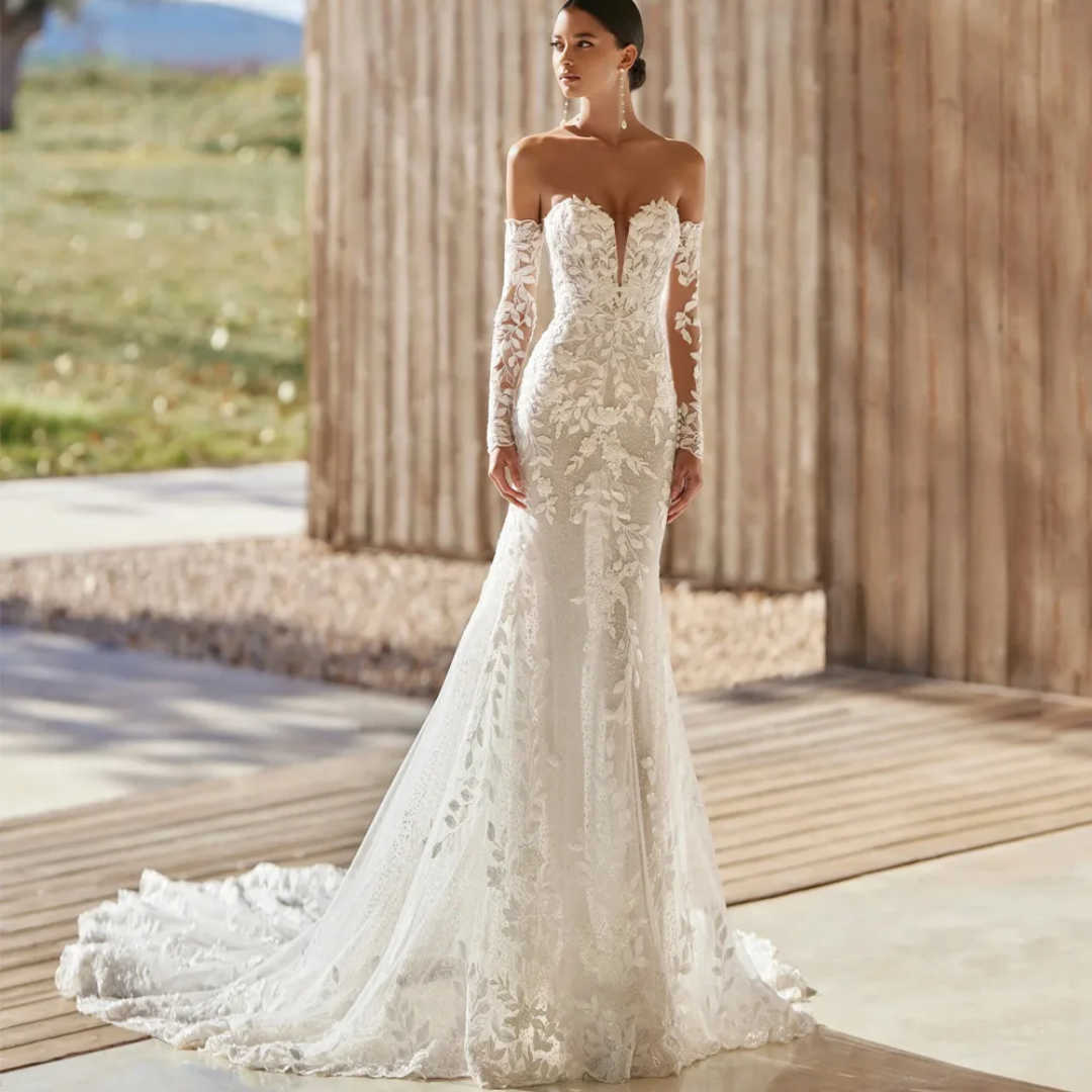 Angepasst Luxus Spitze Meerjungfrau Brautkleider Elegante Brautkleider Spitze Appliques Weg Von Der Schulter Backless Roben Vestidos De