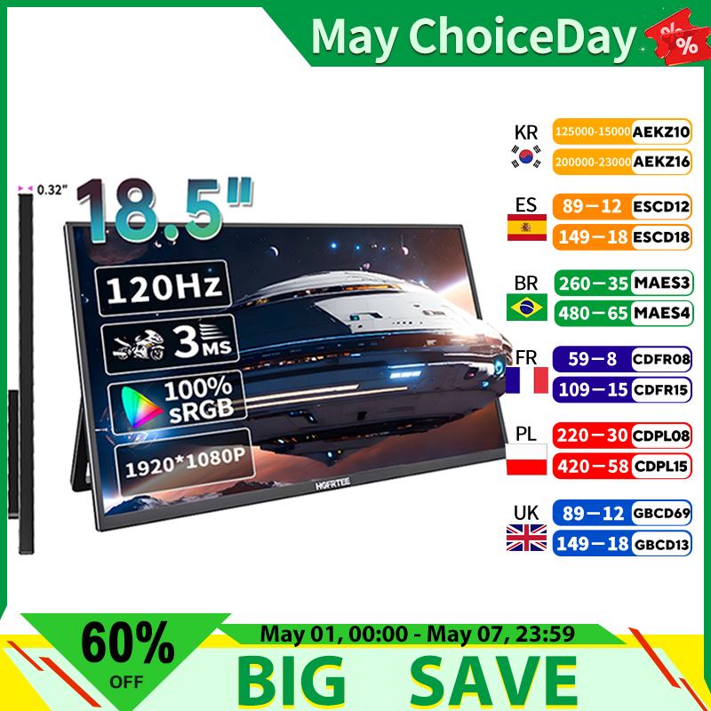HGFRTEE Monitor portátil pantalla de juegos de ordenador de 18,5 pulgadas 100Hz 100% sRGB FHD 1080P pantalla para ordenador portátil regalo de vacaciones PC PS4/PS5