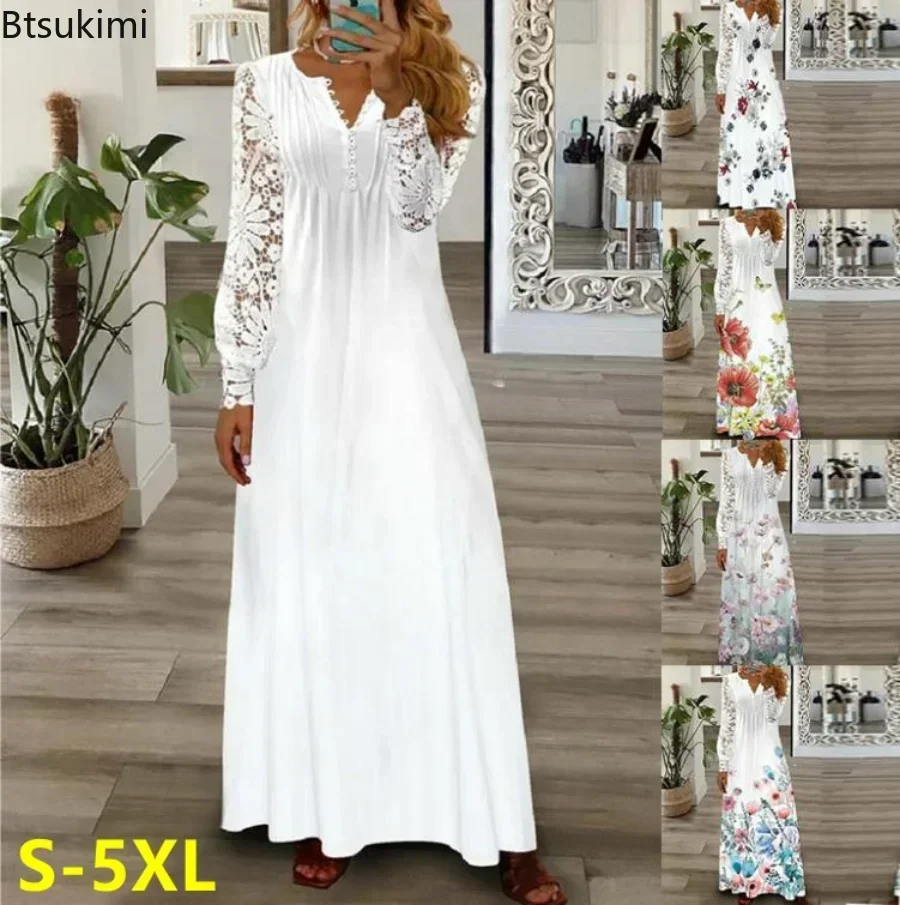 Vestido largo elegante de talla grande 4XL 5XL con botones y cuello en V, Vestidos sexis de encaje de manga larga para mujer, Vestidos de fiesta ajustados 2026