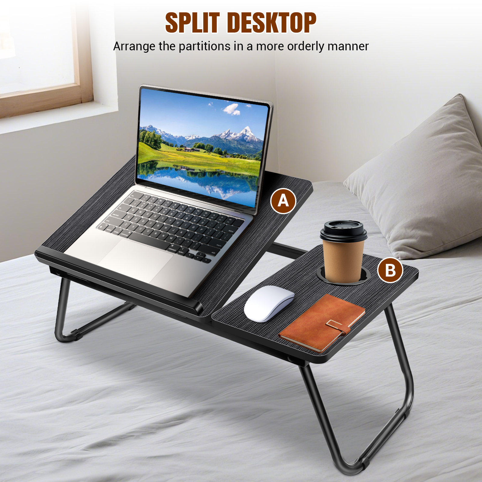 5-Level Adjustable Laptop Desk for Bed/Sofa, Foldable Ergonomic Study Table with Cup Holder & Anti-Slip, Portable Workstation