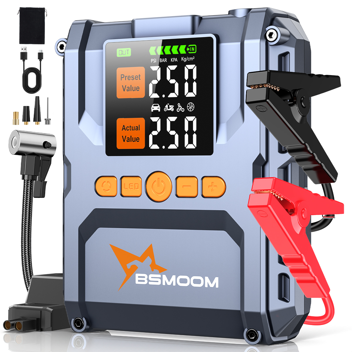 Iniciador de Bateria 1500A PEAK com Compressor de Ar, Iniciador de Bateria para Carros (Compatível com TODOS os Motores a Gasolina/Diesel de 10L) com Inflador de Pneus Automático 150PSI, Iniciadores de Bateria 12V, Carregador de Bateria de Lítio com Garra