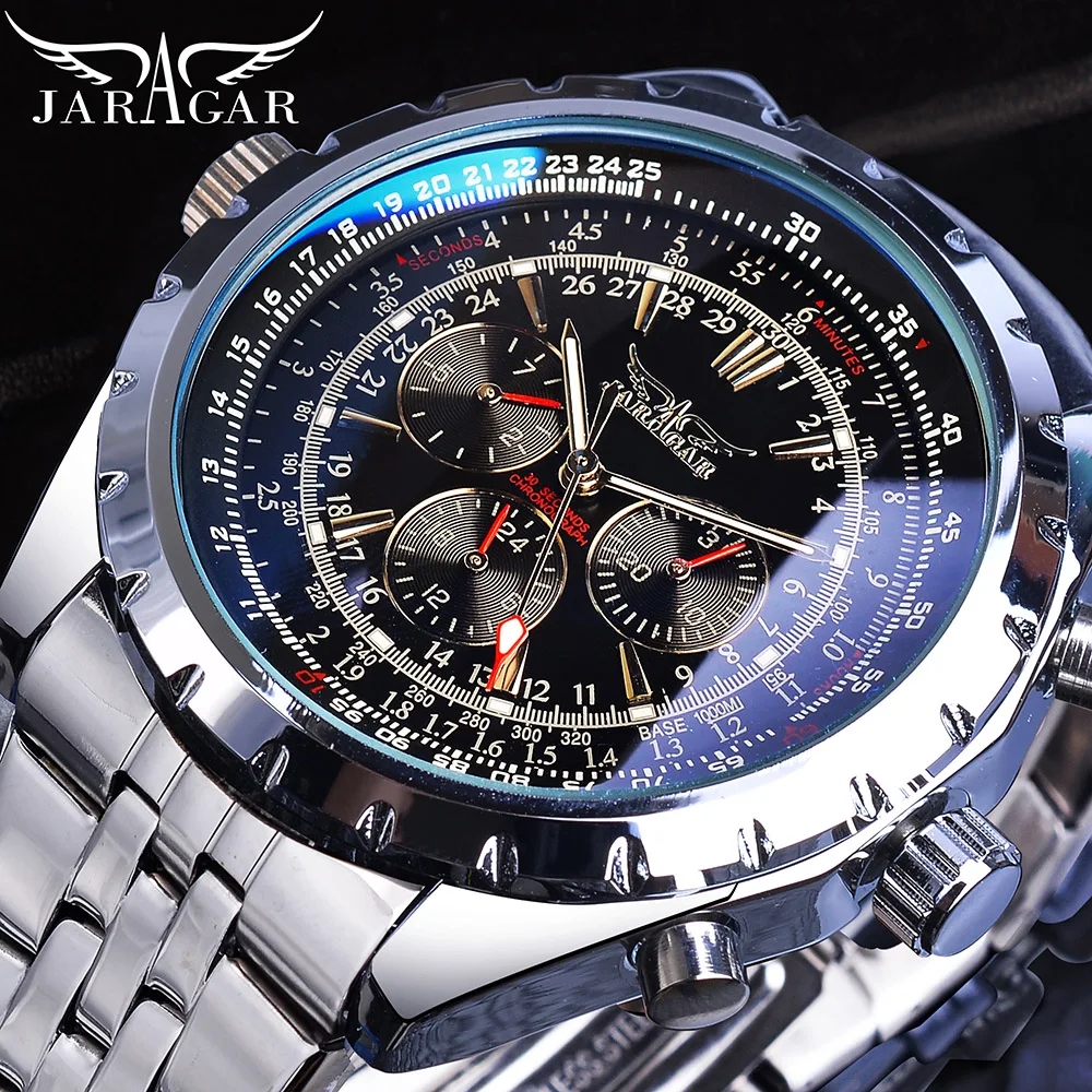 Jaragar esportes relógios masculinos marca superior de luxo relógio mecânico automático para homens pulseira aço couro militar relógios pulso presentes