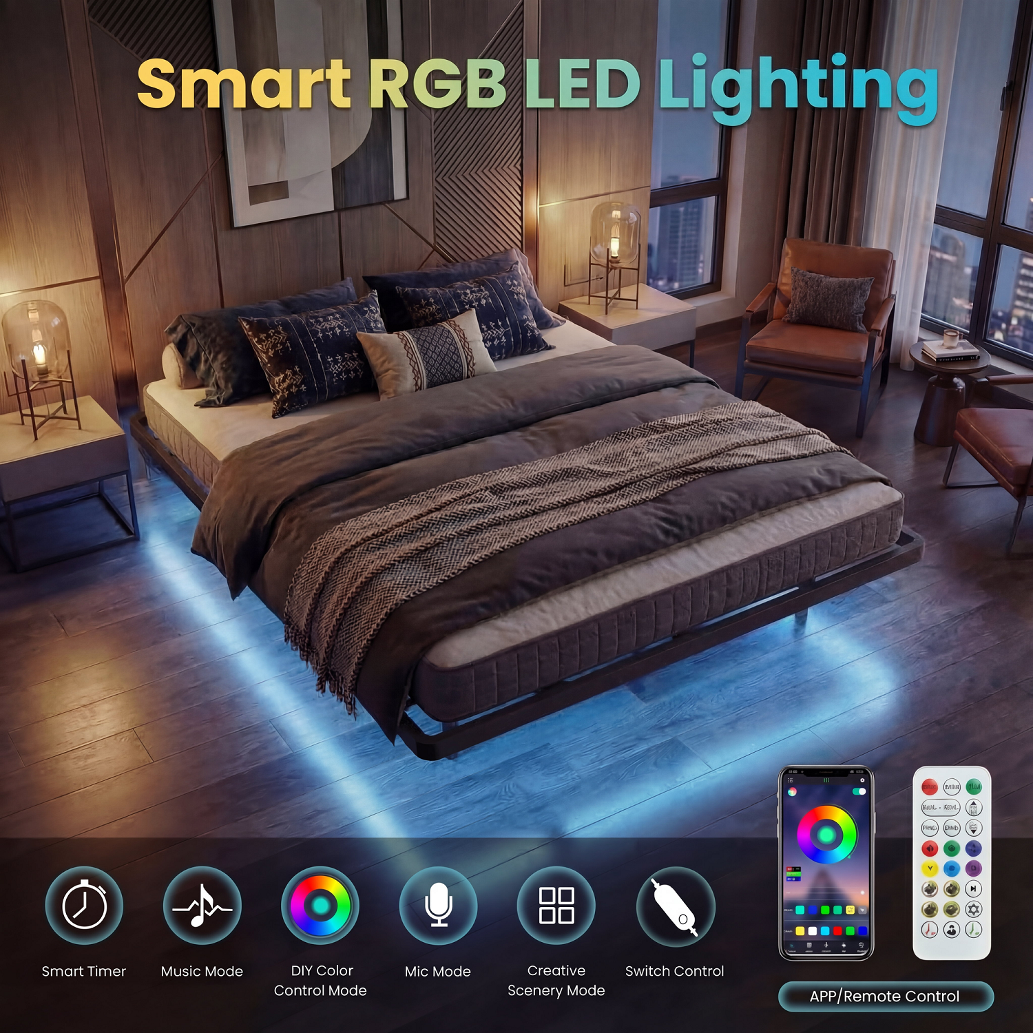 HOOMIC Twin/Full/Queen/King Size Schwerlast-Schwebebettgestell mit Smart-LED-Beleuchtung und Ladestation, kein Boxspringbett erforderlich