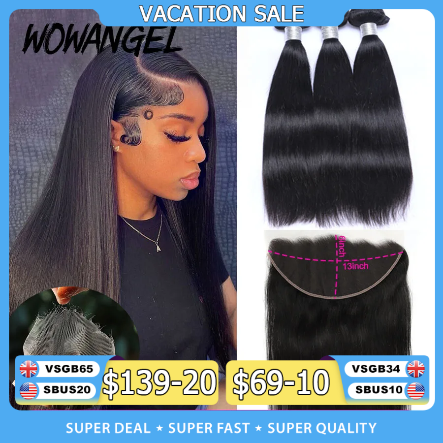 Wowangel 13x6 HD Lace Frontal with Bundles Human Hair 5x5 HD Lace Closure Melt Skins Brazilian Straight Hair Extension for Women