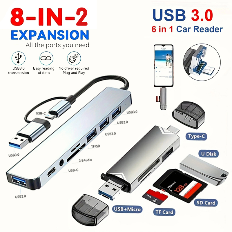 แท่นเชื่อมต่อ USB 8 in 2 Type C ความเร็ว 5Gbps พร้อมช่องอ่านการ์ด SD TF ช่องเสียบเสียง 3.5 มม. รองรับการชาร์จเร็ว PD สำหรับ MacBook Air และ PC