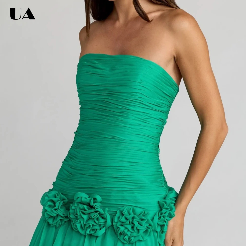 ULBYANRY Maßgeschneidertes Chiffon Trägerloses Gerafftes Abendkleid für Damen, Elegantes A-Linien Abendkleid, Modisches 3D-Blumen Ballkleid
