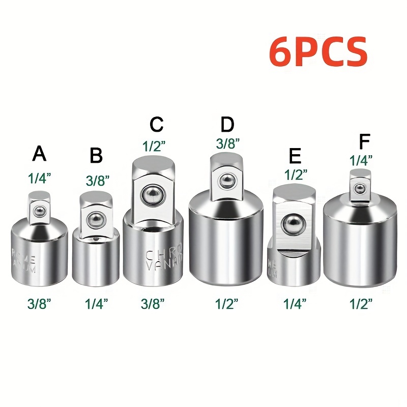 6 Stück Ratschenschlüssel-Stecknuss-Konverter-Hülsenkopf-Adapter 1/2 Zoll großer Fliegen auf 3/8 Zoll Fliegen auf 1/4 Zoll Edelstahl auf 1/4 Zoll bis 1/2 Zoll bis 3/8