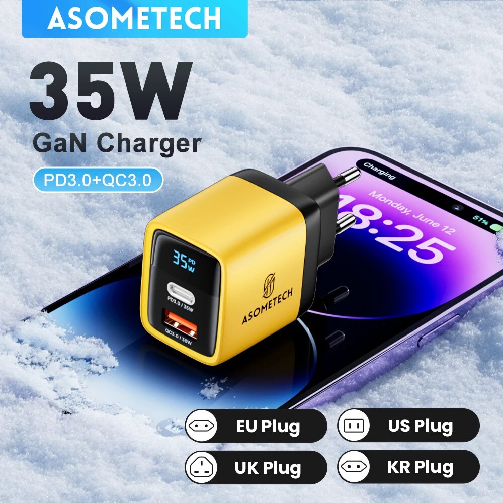 Зарядное устройство ASOMETECH 35 Вт GaN LED дисплей QC3.0 30 Вт 25 Вт PD PPS Быстрая зарядка USB Type C зарядное устройство для iPhone 14 Pro Samsung S23 Xiaomi