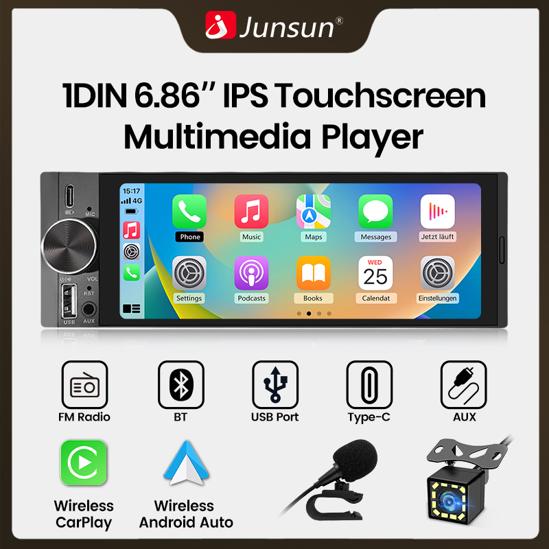 Junsun 1 Din MP5 Odtwarzacz Samochodowy Bezprzewodowy Carplay Android Auto Radio Stereo Nawigacja GPS Mirror Link Bluetooth USB TF AUX FM AM Muzyka