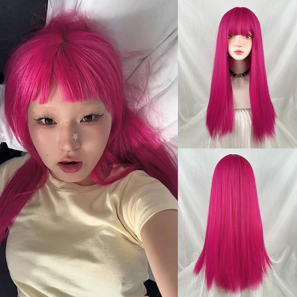 Synthetische pruiken met pony Pluizige vrouwen Rose Red Lange rechte Lolita Cosplay Pruik Hittebestendig voor dagelijks feest