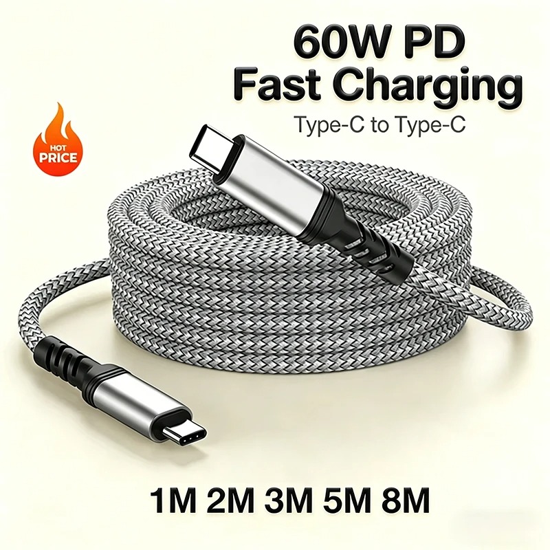 Nuevo Cable de Carga Rápida de 60W Tipo C a Tipo C 2026, 1m 2m 3m 5m 8m, Cable de Datos PD Universal Extendido con Trenzado de Nailon para iPhone y Samsung
