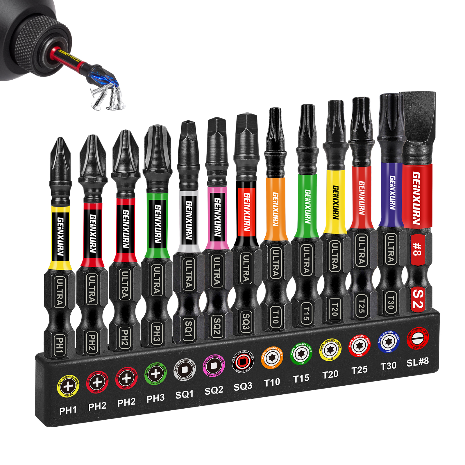 Geinxurn 13-delige slagmoersleutelbitsset, 2'' magnetische S2 stalen bitsset met kleurgecodeerde basis