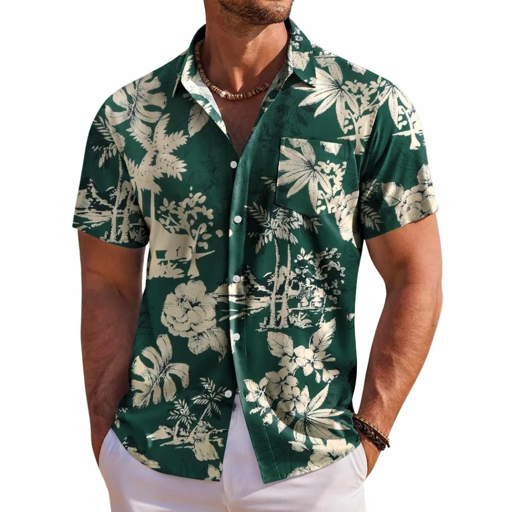 Camisa de manga corta para hombre, camisa con botones en la playa con solapa y estampado de flores botánicas hawaianas, camisas informales de moda
