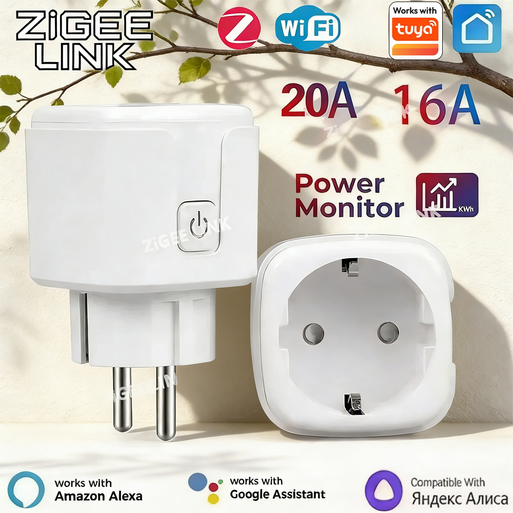 Inteligentna wtyczka WiFi lub ZigBee 16A/20A z pomiarem zużycia energii, bezprzewodowa, sterowana aplikacją i głosem, kompatybilna z Tuya, Alexa, Google.