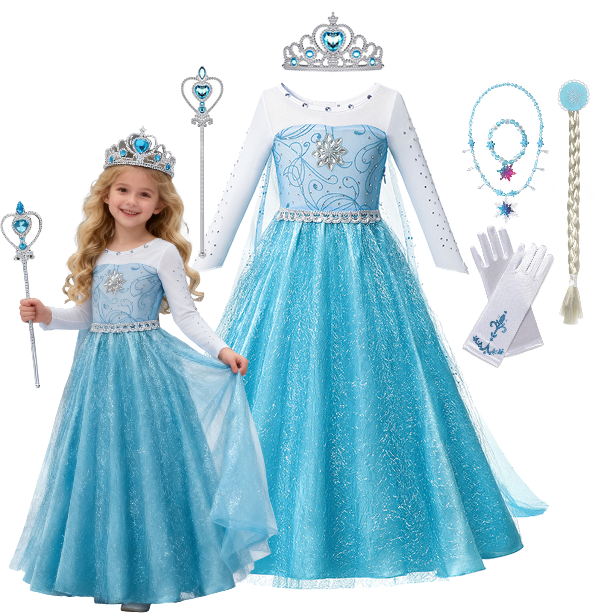 女の子雪の女王エルサアンナ長袖コスチューム子供プリンセスドレスハロウィンコスプレパーティープロムドレスベシドス2-10歳用