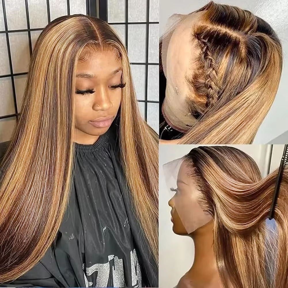 Peruca de Cabelo Humano Liso de 40 Polegadas com Destaques Ombré, Densidade 220, Loiro Colorido 46, Peruca Frontal de Renda HD 13x6 Pré-Alongada, Perucas de Cabelo Humano Liso Loiro com Destaques P4/27