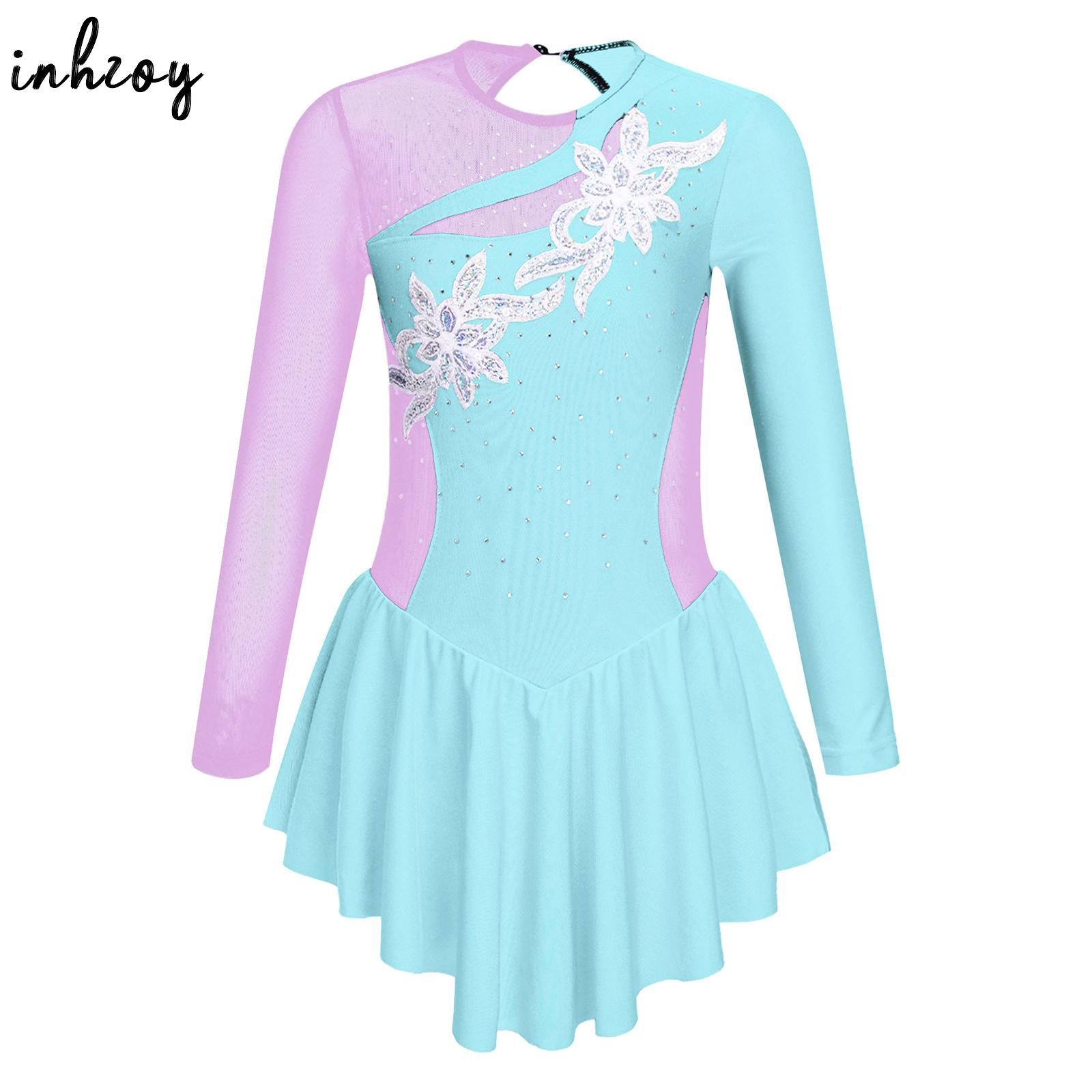 Vestito da tutù per balletto per bambina, body da ginnastica, abbigliamento da ballo, manica lunga, strass, pattinaggio di figura, costume, ballerina, abiti da festa