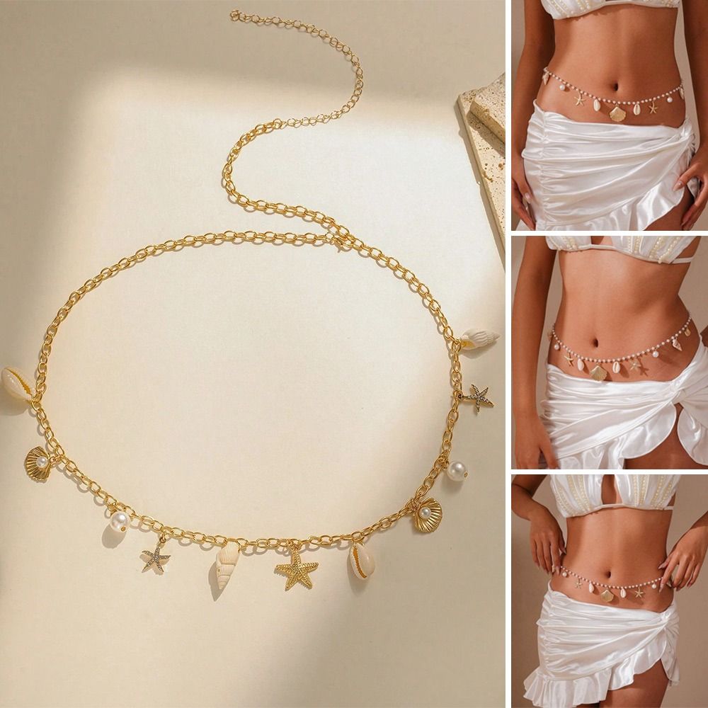 Trendy Y2k Estate Bohemian Catena in vita Stella marina Imitazione Perla Conchiglia Collegamento in vita Beach Bikini Catena in lega per le donne Ragazze