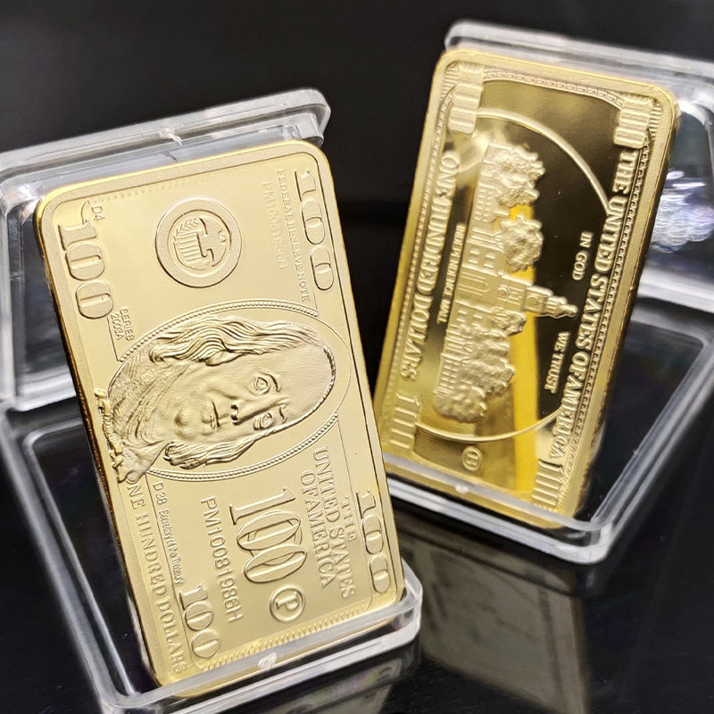 1 peça Barra de Ouro 24k de 100 Dólares Americanos, Moeda de Metal Americana, Barras Douradas USD com Gif