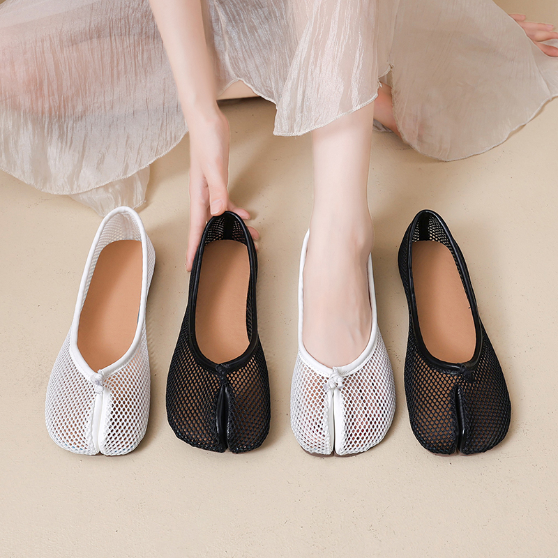 Sepatu Flat Tabi Wanita Model Hollow Out Mesh Split Toe, Nyaman untuk Berjalan, Loafer Kasual, Sepatu Dansa Wanita, Zapatos De Mujer