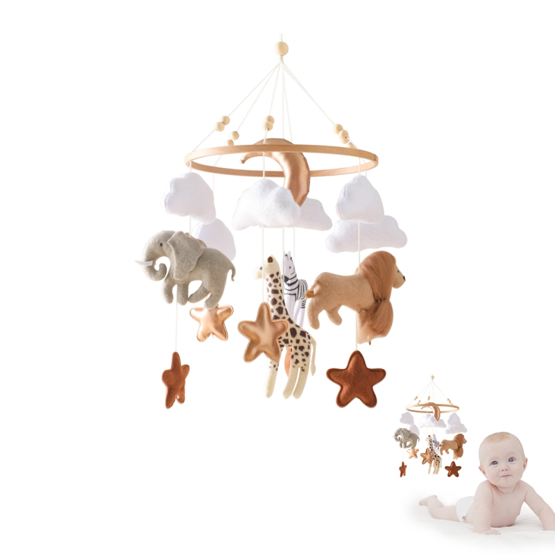 Музыкальный мобиль на кроватку: деревянные погремушки, мягкие фетровые игрушки в виде мультяшных животных, музыкальная шкатулка для новорожденных, подвесная игрушка на кронштейне для кроватки, подарки для малышей