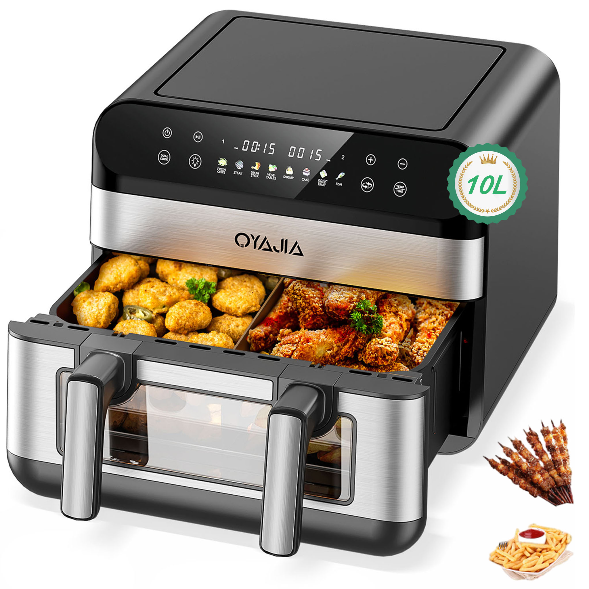 Heißluftfritteuse 2 Kammern, 10L Airfryer Doppelkammer Einkammer Verstellbar, 2600W, 8 in 1 Heissluftfritteuse Doppelkammer Temperatur Separat Regeln Touchscreen, Doppel Air Fryer XXL Mit Sichtfenster