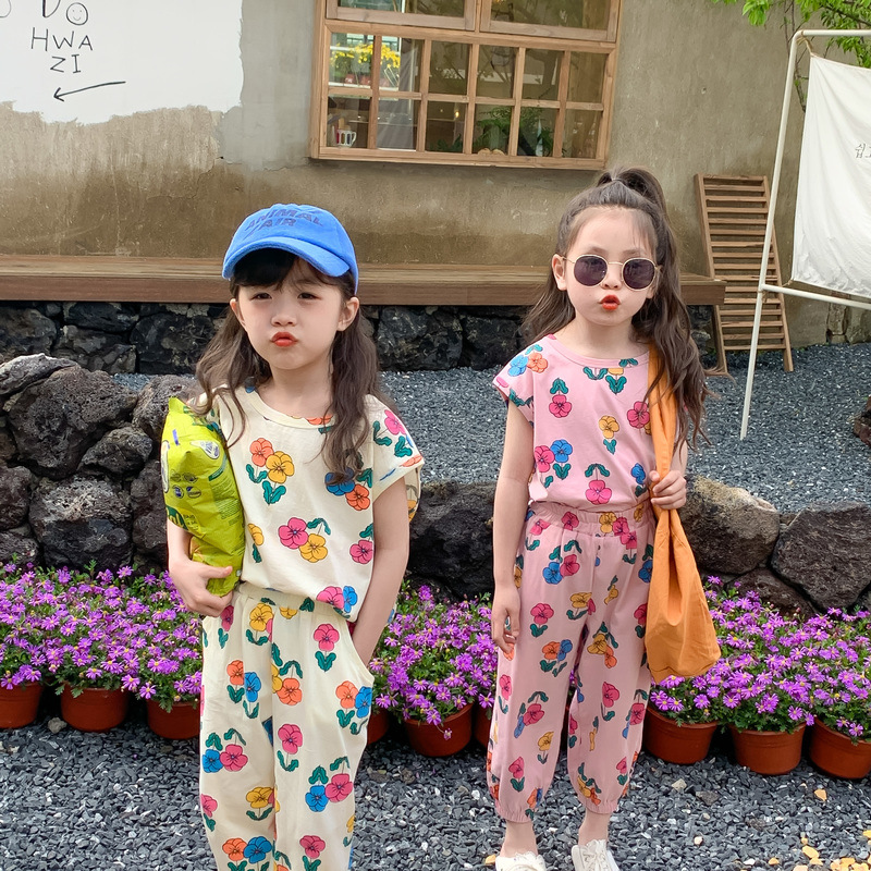 Voor 1-8y Zomer Coole Peuter Meisjes Set Mouwloos Vest Negende Broek Losse Bloemenpak Kinderen Tops Tee Outfits