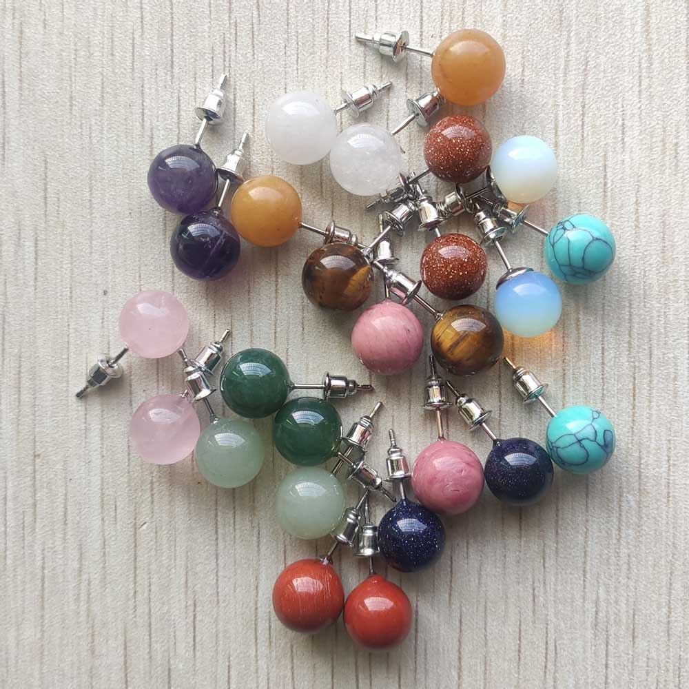 Perline rotonde in pietra di quarzo rosa naturale 10mm orecchini a bottone color argento gioielli per le donne all'ingrosso 12 paia / lotto spedizione veloce