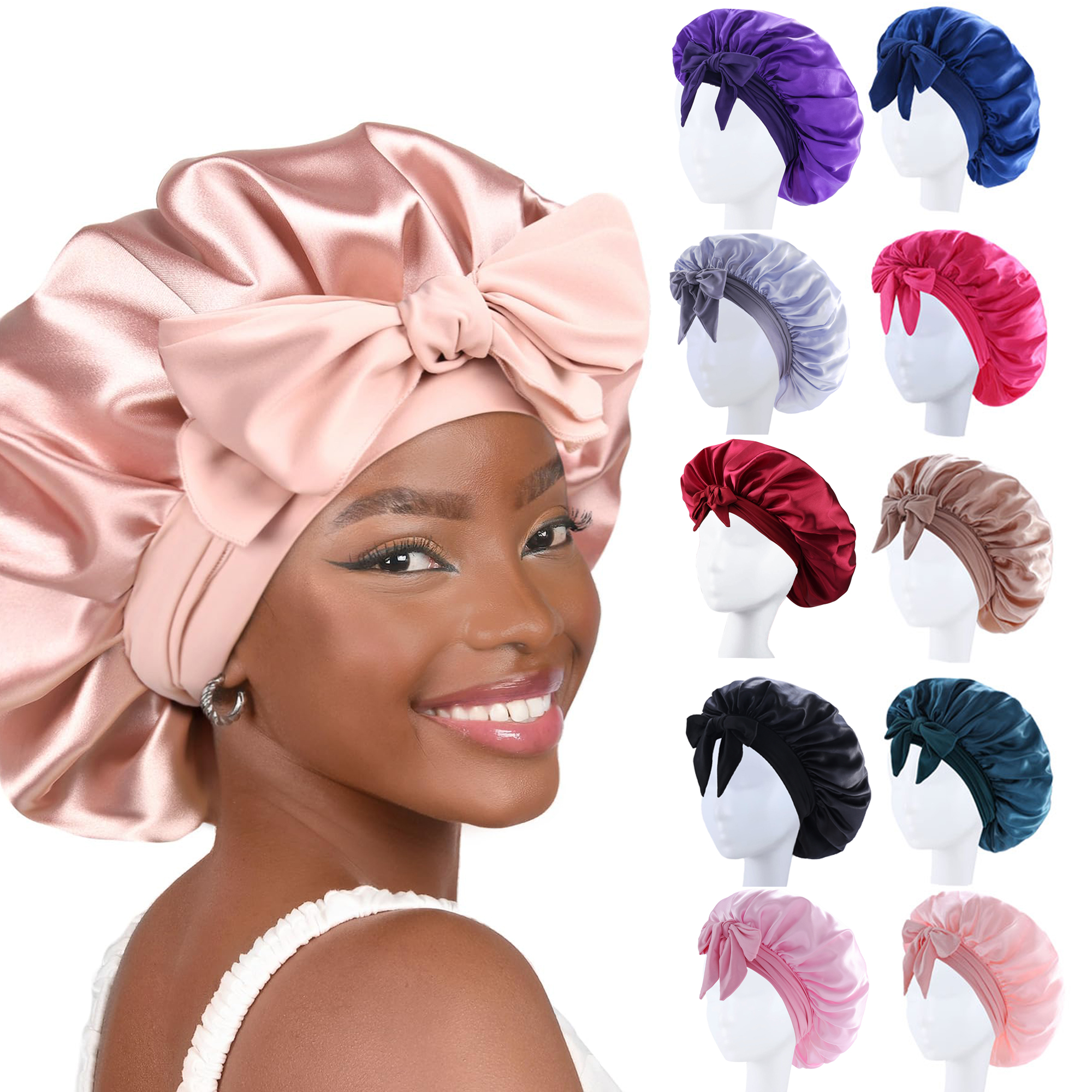 Nuevo gorro sedoso para dormir para mujeres, gorro de satén para el pelo, gorro para dormir de noche, bufanda, envoltura para el pelo rizado, banda para corbata para sombrero rizado