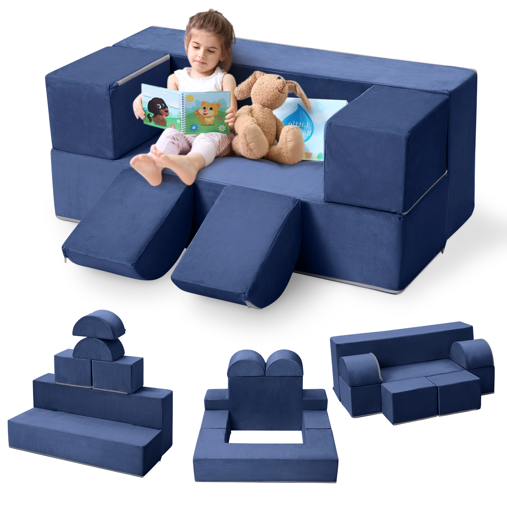 Sofá Modular para Niños de 6 Piezas, Juego de Muebles de Espuma Suave Apilables y Convertibles para Sala de Juegos, Dormitorio, Área de Juegos Interior