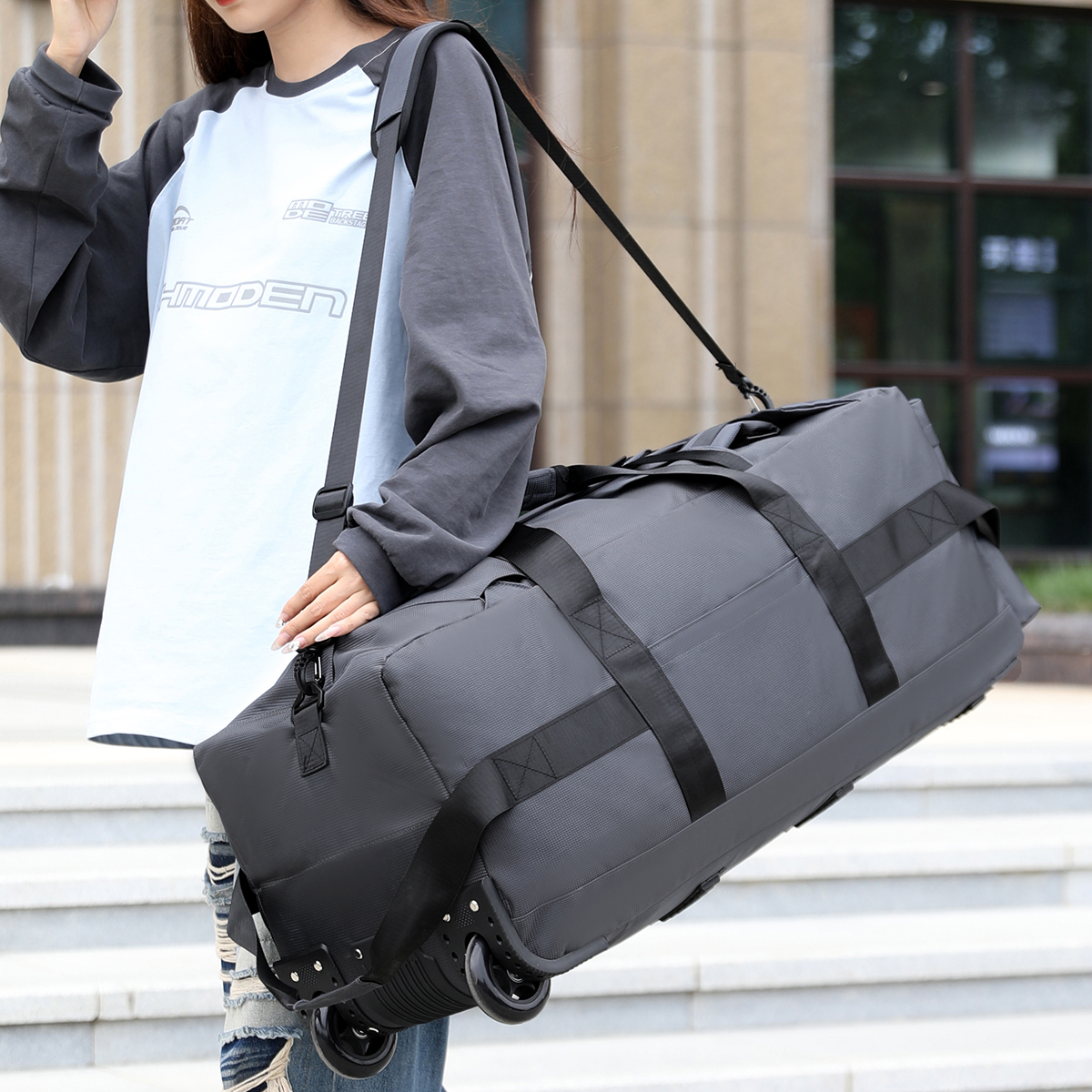 Bolsa de viagem, bolsa de grande capacidade, bagagem de mão portátil ao ar livre, bolsa de viagem com rolo, bolsa de lona unissex conveniente e prática