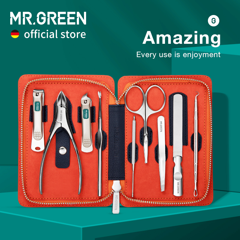 MR.GREEN – Kit de manucure professionnel 9 en 1 avec étui en cuir, coupe-ongles en acier inoxydable, outil de soins personnels